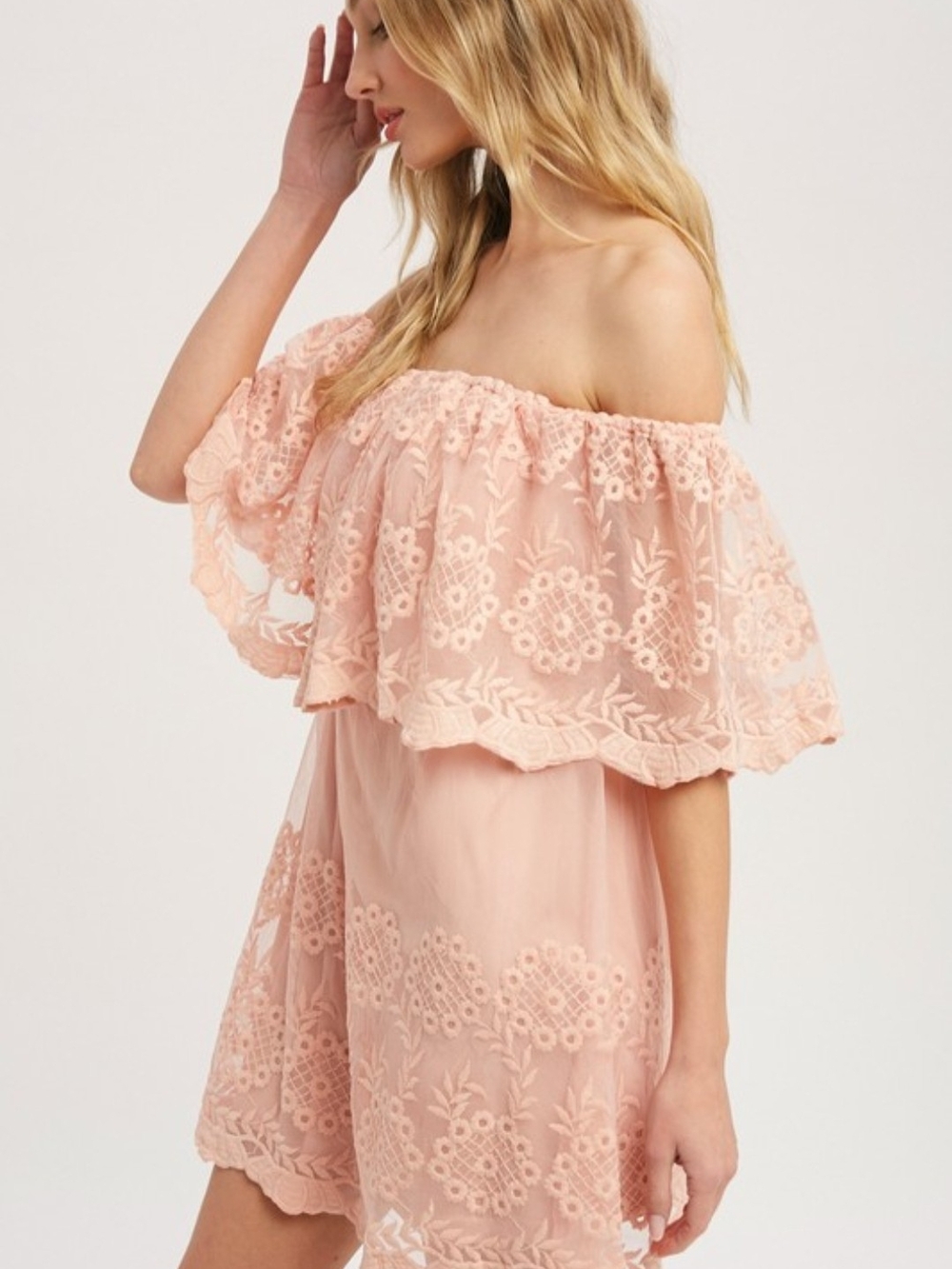 Blush Pink Off-Shoulder Lace Romper